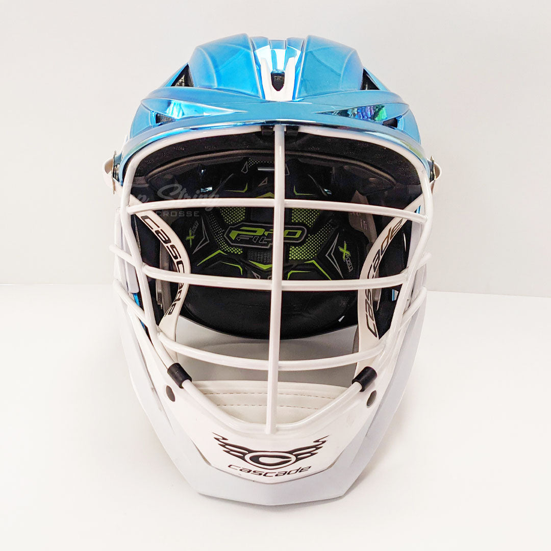 Cascade XRS Pro Helmet - Carolina Blue Chrome Shell - White Mask - White Chin - White Strap - Top String Lacrosse