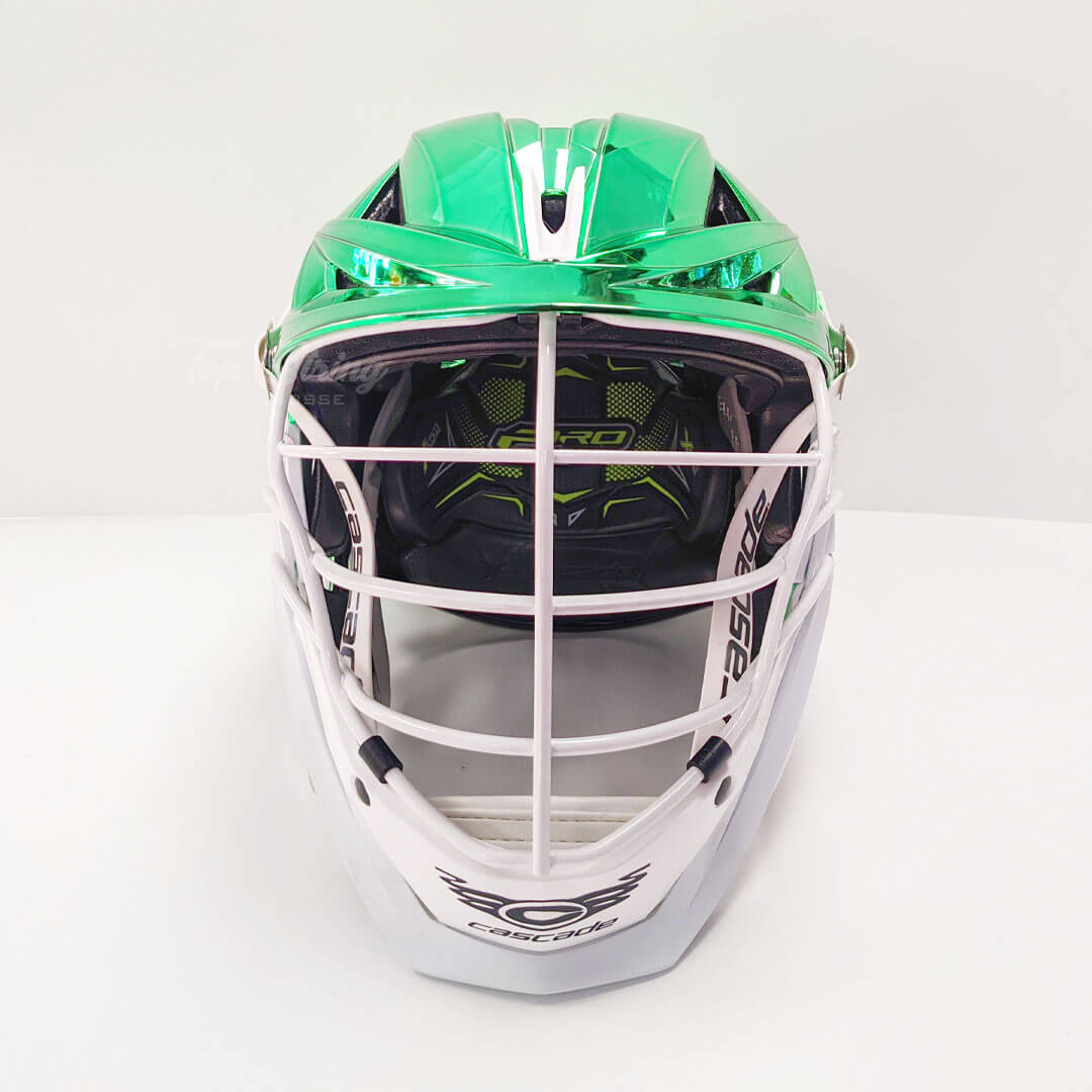 Cascade XRS Pro Helmet - Green Chrome Shell - White Mask - White Chin - White Strap - Top String Lacrosse
