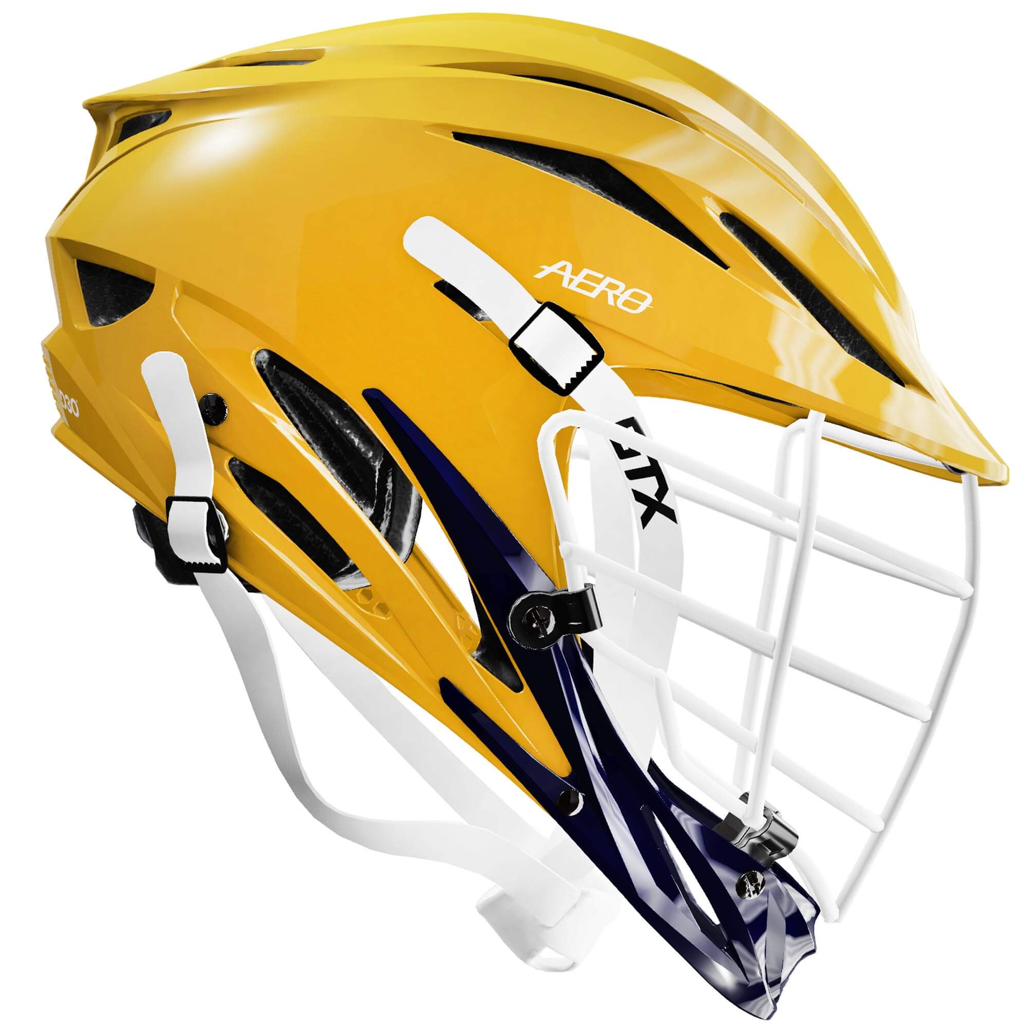 Athletic Gold Shell - White Mask - Navy Blue Chin - White Strap | Top String Lacrosse