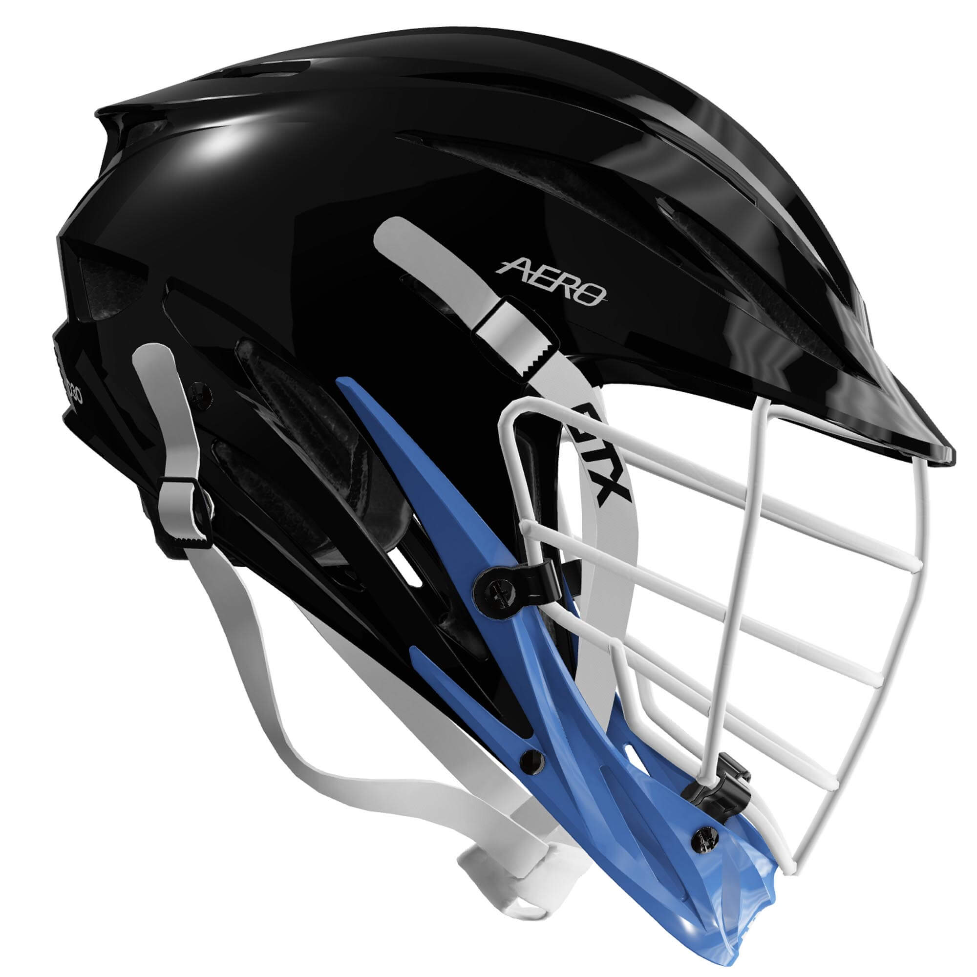 STX Aero Lacrosse Helmet - Black Shell - White Mask - Hopkins Blue Chin - White Strap | Top String Lacrosse