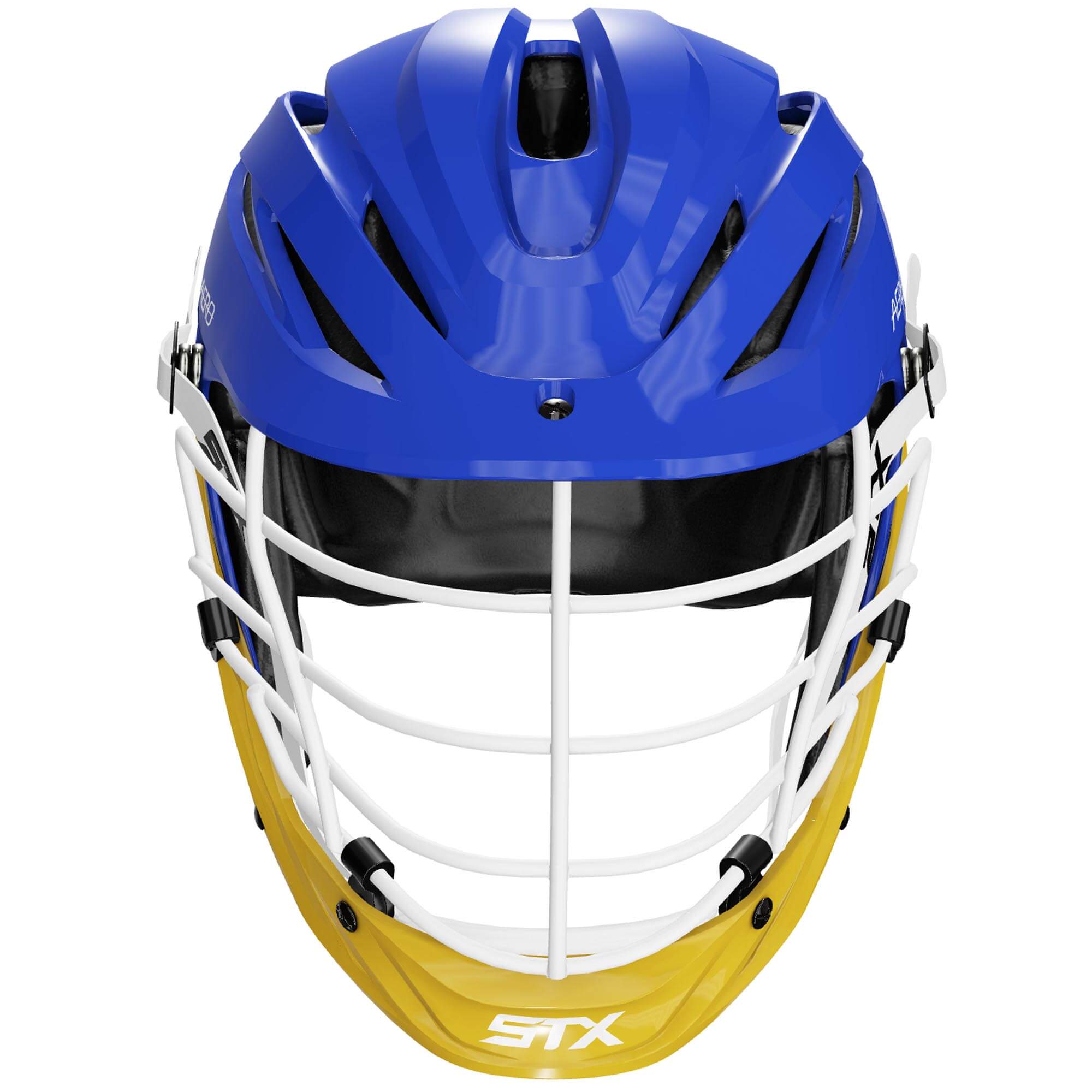 STX Aero Lacrosse Helmet - Royal Blue Shell - White Mask - Athletic Gold Chin - White Strap | Top String Lacrosse