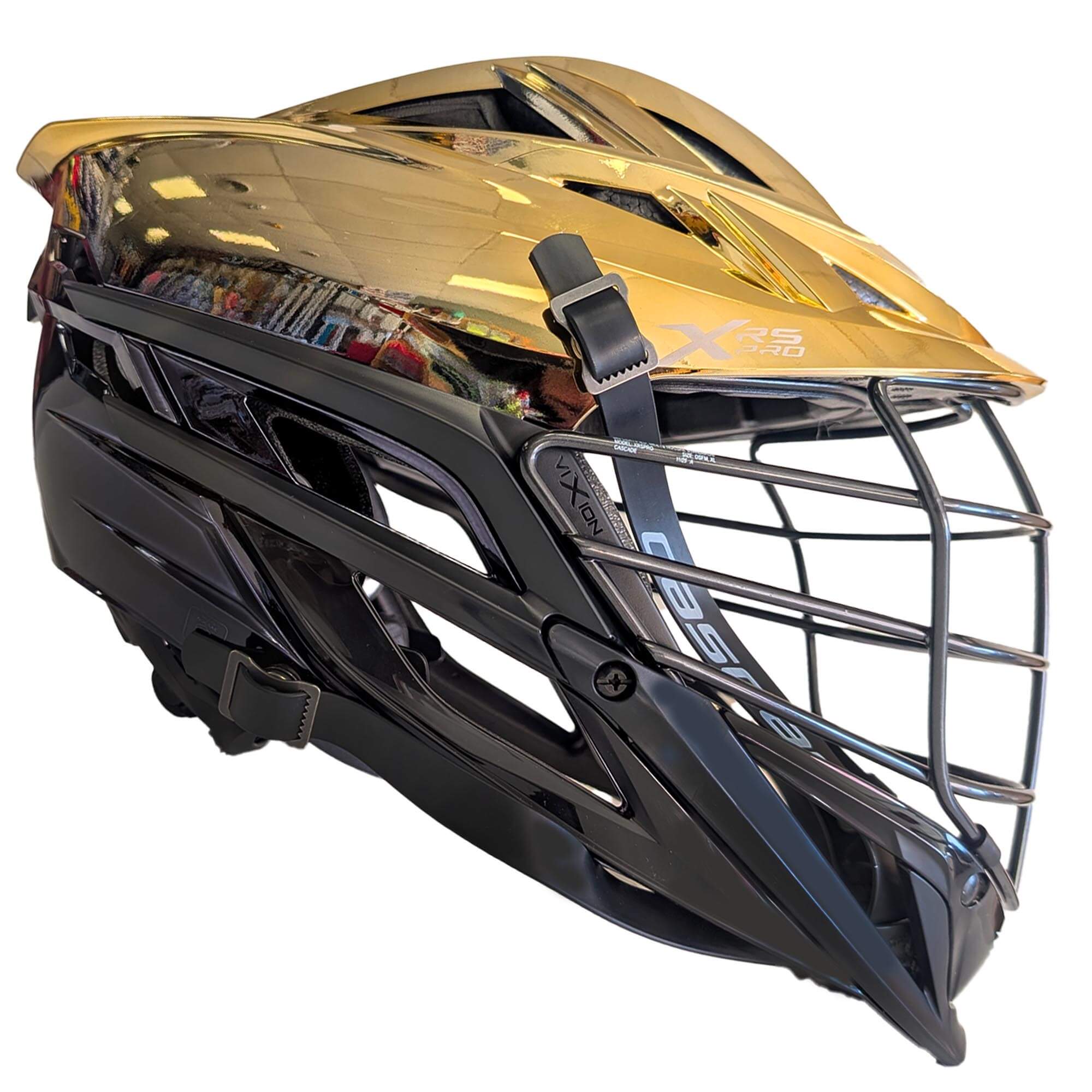 Cascade XRS Pro Helmet - Gold to Black Chrome Fade Shell - Black Mask - Black Chin - Black Strap | Top String Lacrosse