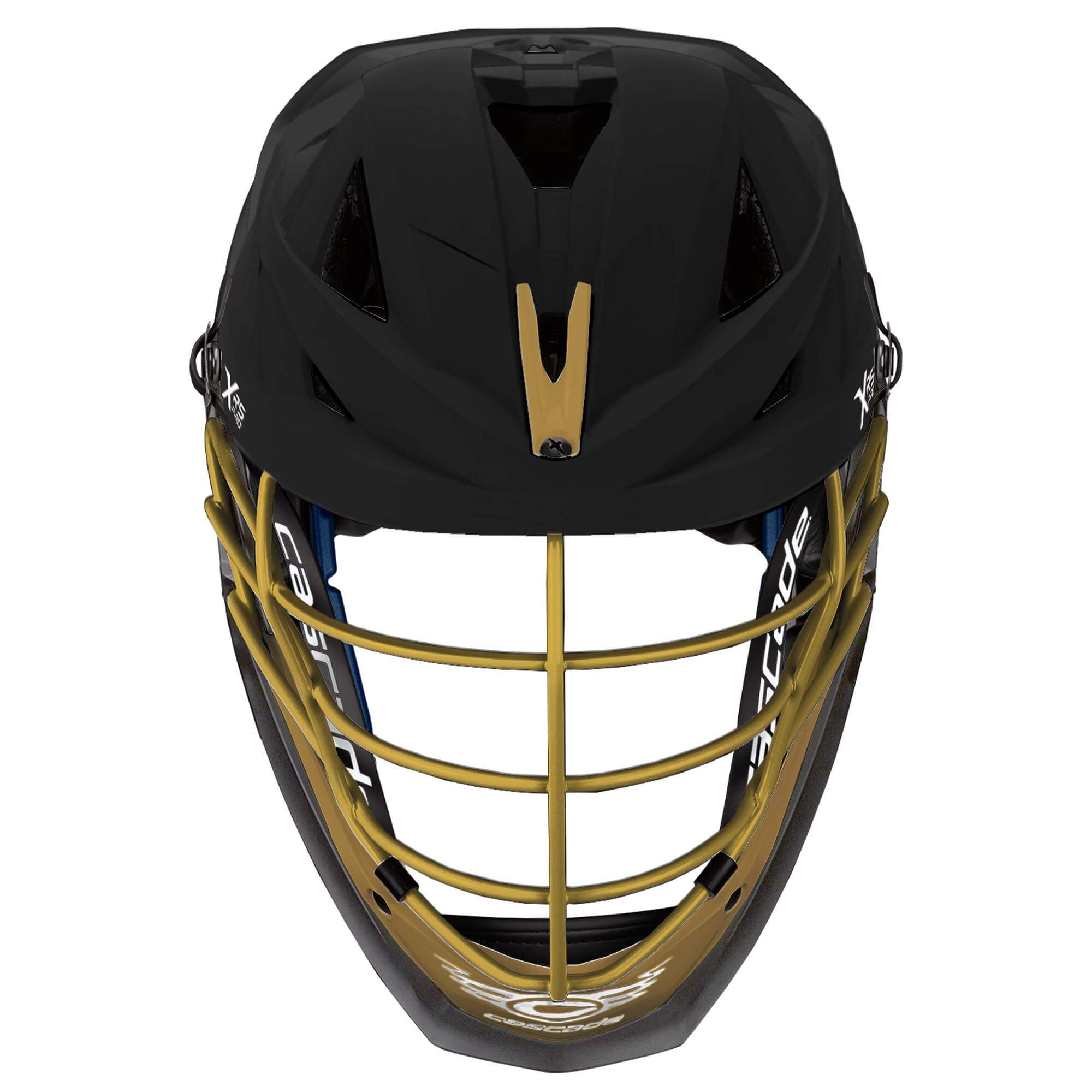 Cascade XRS Pro Helmet - Matte Black Shell - Old Gold Mask - Old Gold Chin - Black Strap  | Top String Lacrosse | Iron City Lacrosse Club