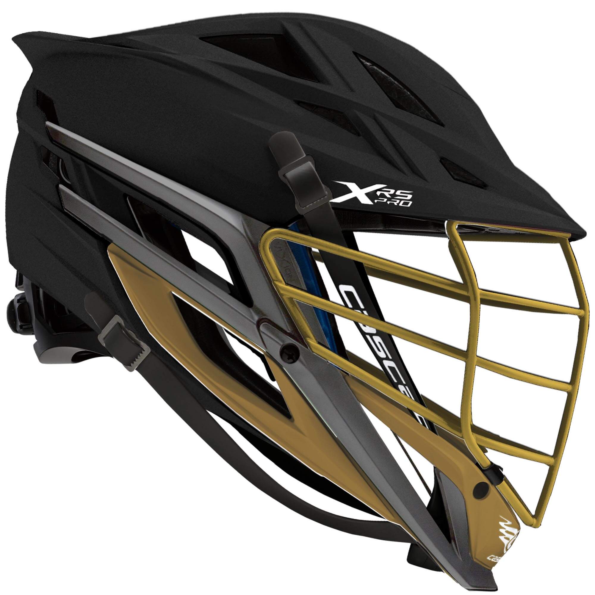 Cascade XRS Pro Helmet - Matte Black Shell - Old Gold Mask - Old Gold Chin - Black Strap  | Top String Lacrosse | Iron City Lacrosse Club