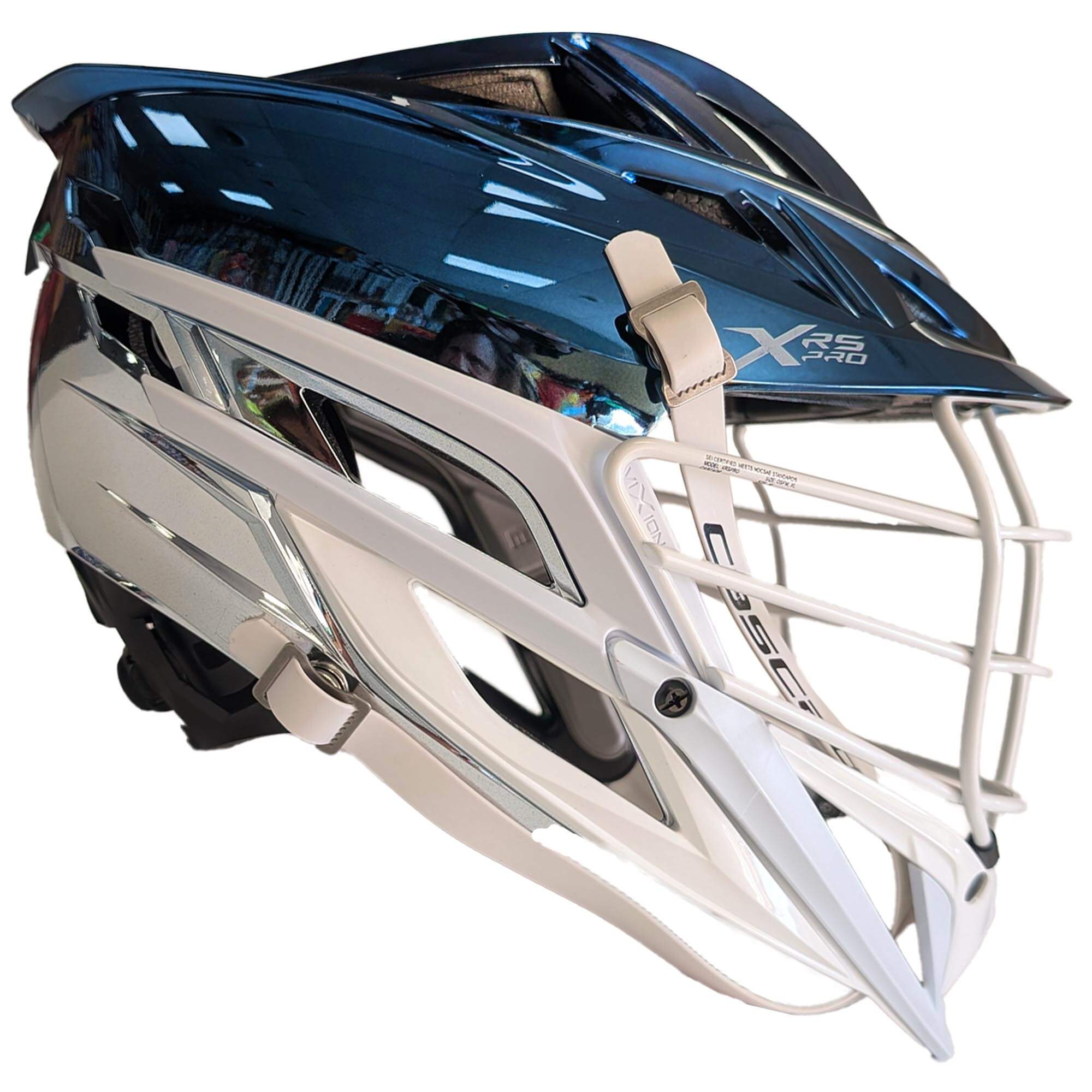 Cascade XRS Pro Helmet - Navy Blue/Chrome Fade Shell - White Mask - White Chin - White Strap | Top String Lacrosse