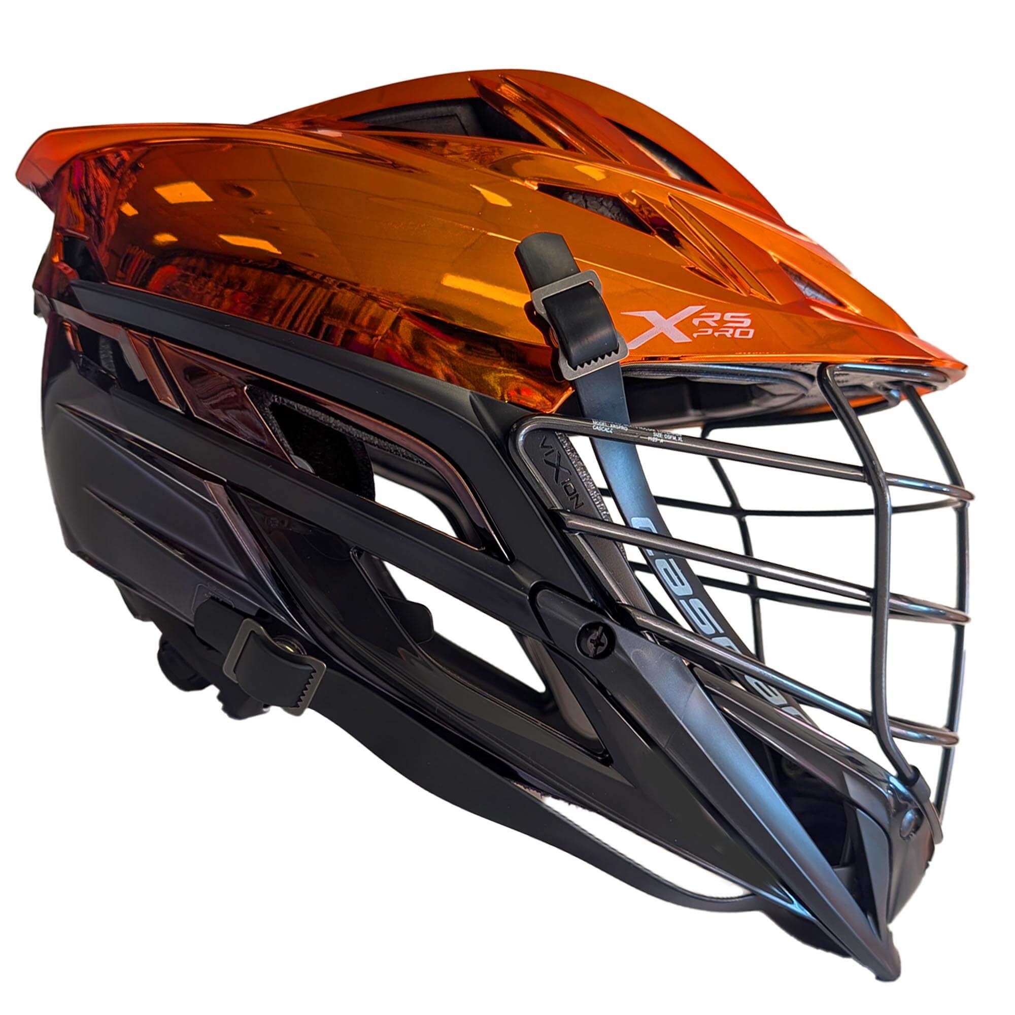 Cascade XRS Pro Helmet - Orange to Black Chrome Fade Shell - Black Mask - Black Chin - Black Strap | Top String Lacrosse
