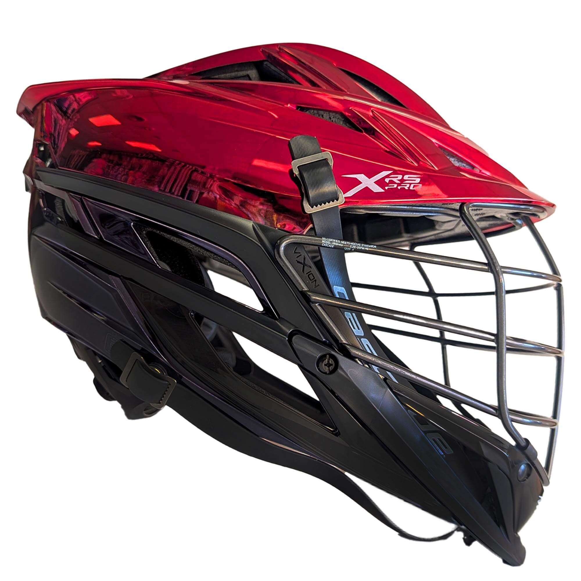 Cascade XRS Pro Helmet - Red to Black Chrome Fade Shell - Black Mask - Black Chin - Black Strap | Top String Lacrosse