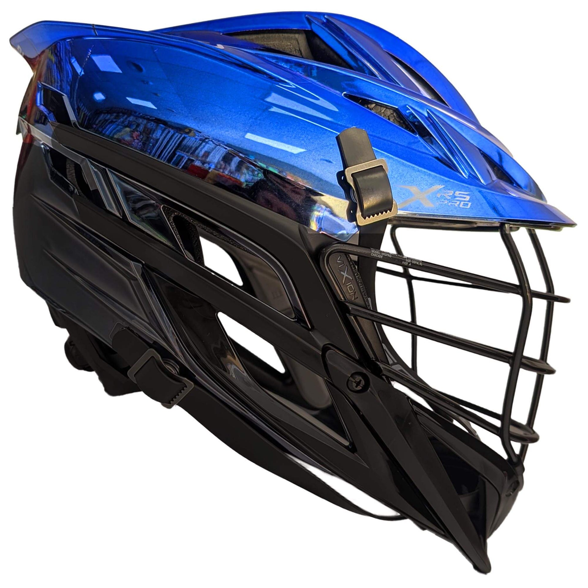 black blue and chrome football helmet Cascade XRS Pro Helmet - Royal Blue to Black Chrome Fade Shell - Black Mask  - Black Chin - Black Strap - Royal Blue to Black Chrome Fade Shell