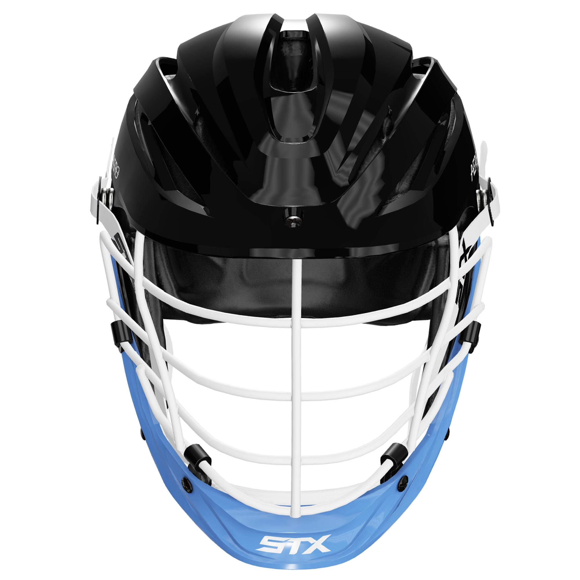 STX Aero Lacrosse Helmet - Black Shell - White Mask - Hopkins Blue Chin - White Strap | Top String Lacrosse