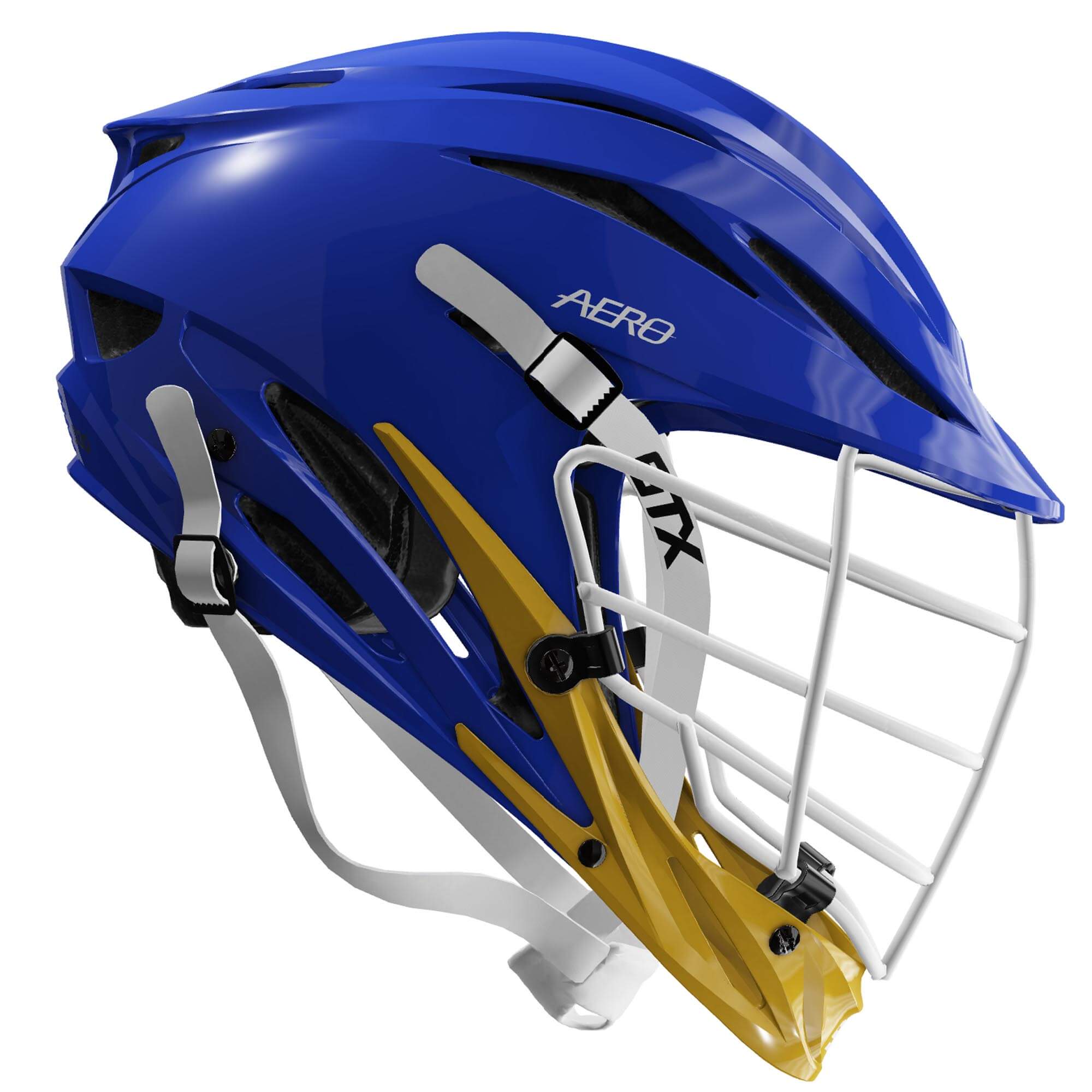 STX Aero Lacrosse Helmet - Royal Blue Shell - White Mask - Athletic Gold Chin - White Strap | Top String Lacrosse