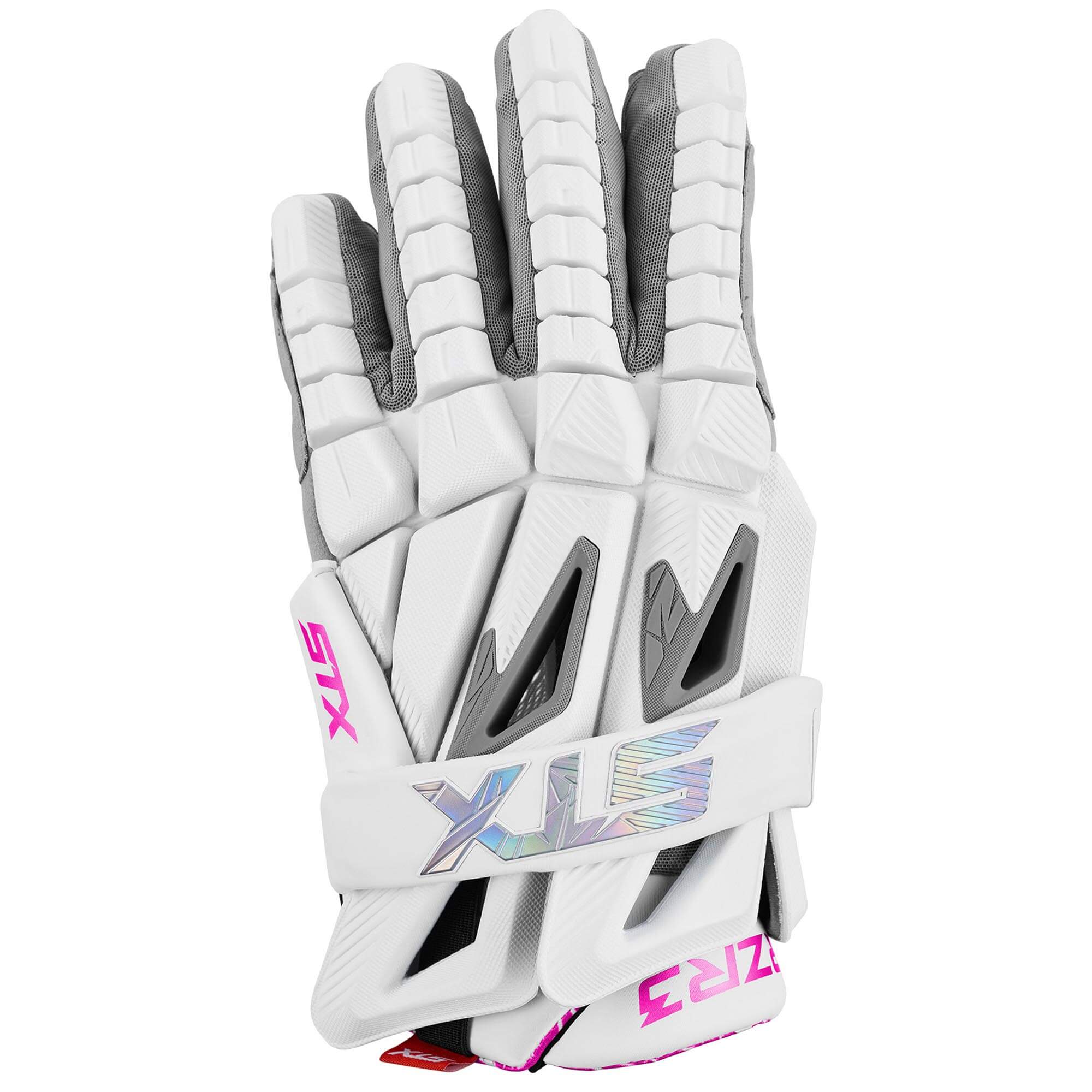 STX RZR3 Limited Edition White and Pink Lacrosse Gloves | Top String Lacrosse