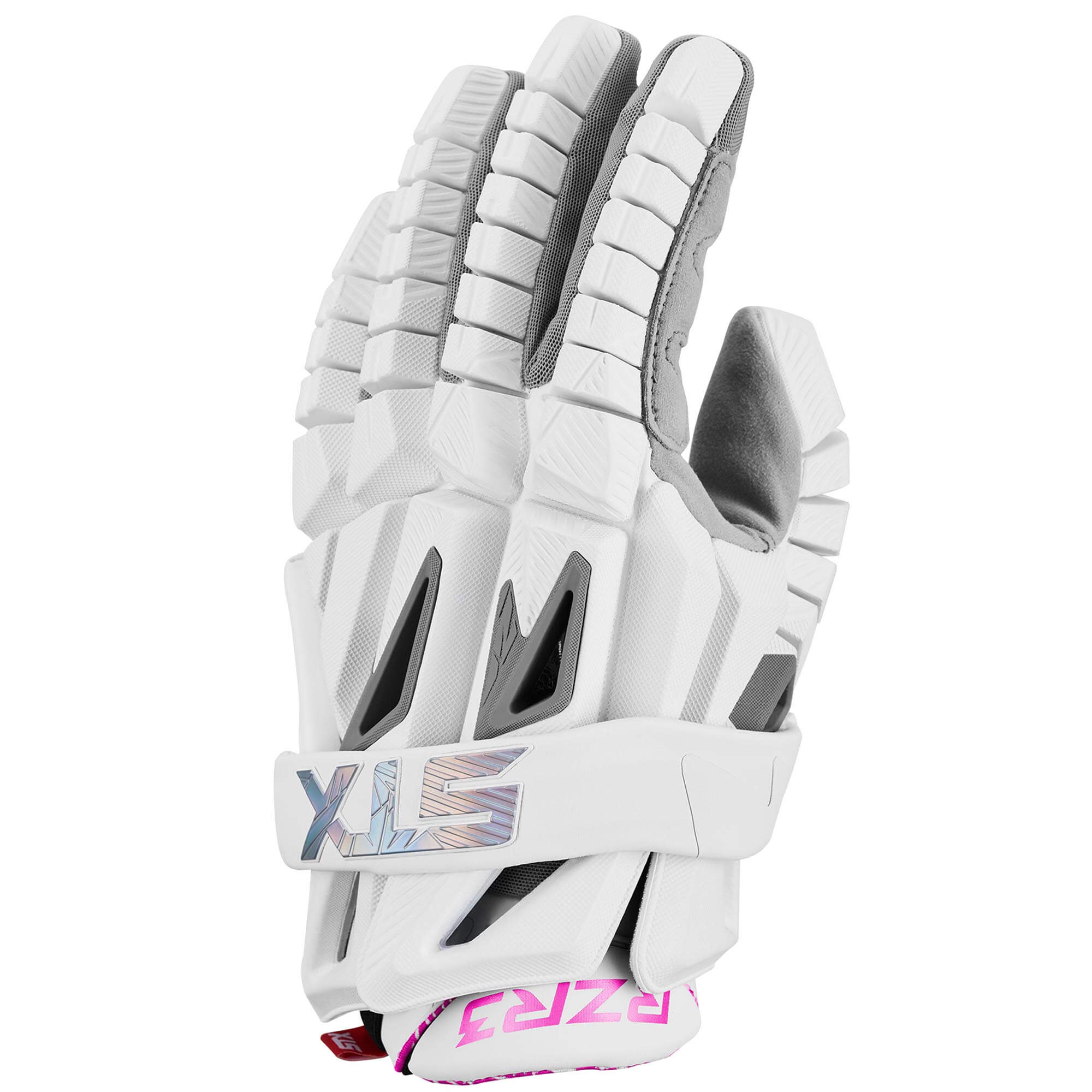 STX RZR3 Limited Edition White and Pink Lacrosse Gloves | Top String Lacrosse