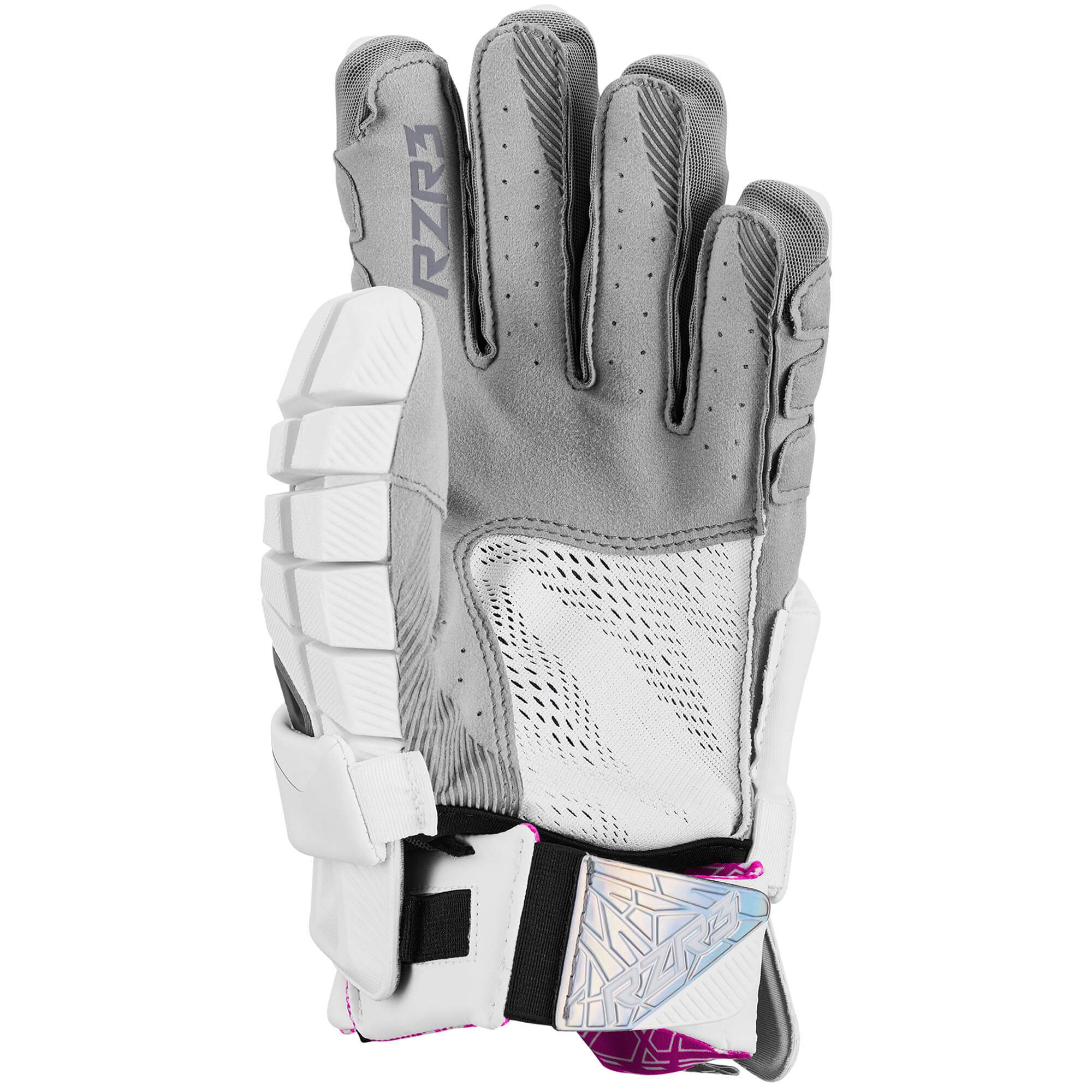 STX RZR3 Limited Edition White and Pink Lacrosse Gloves | Top String Lacrosse